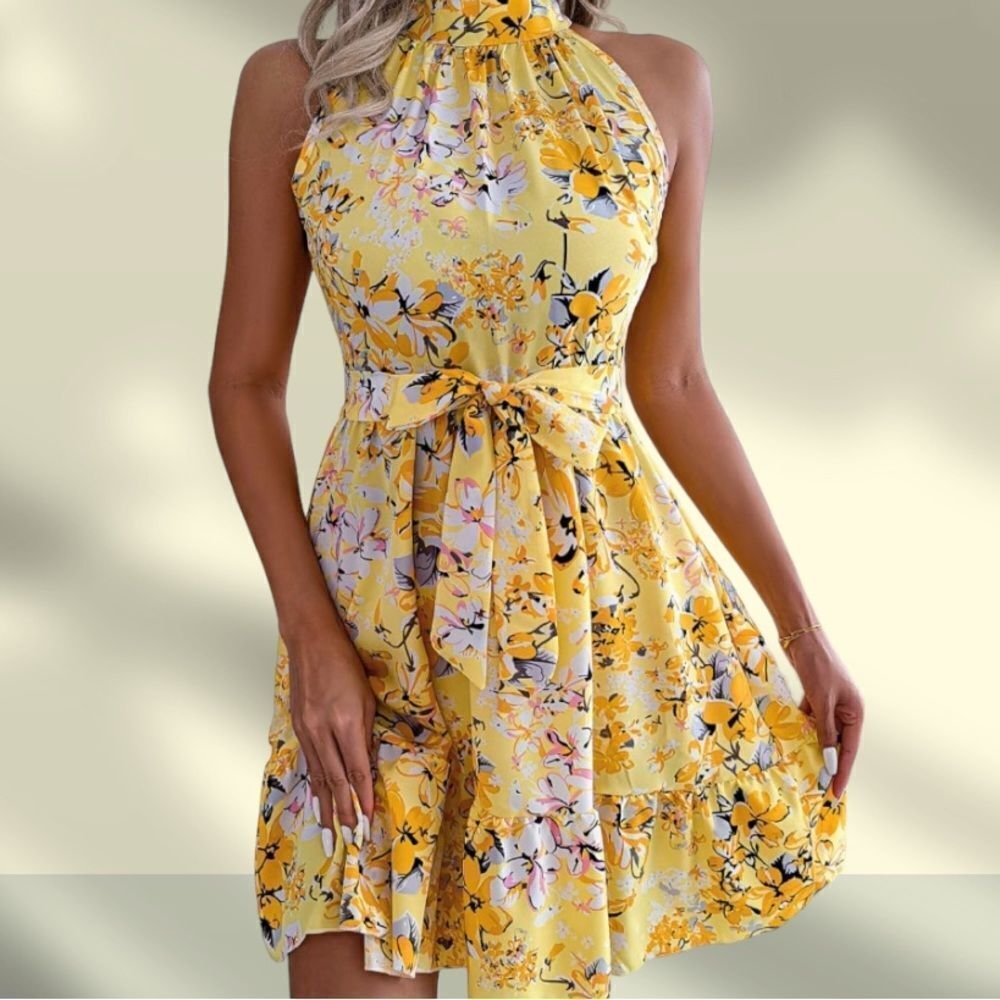 ‎YELLOW HALTER TOP SUMMER DRESS, Medium